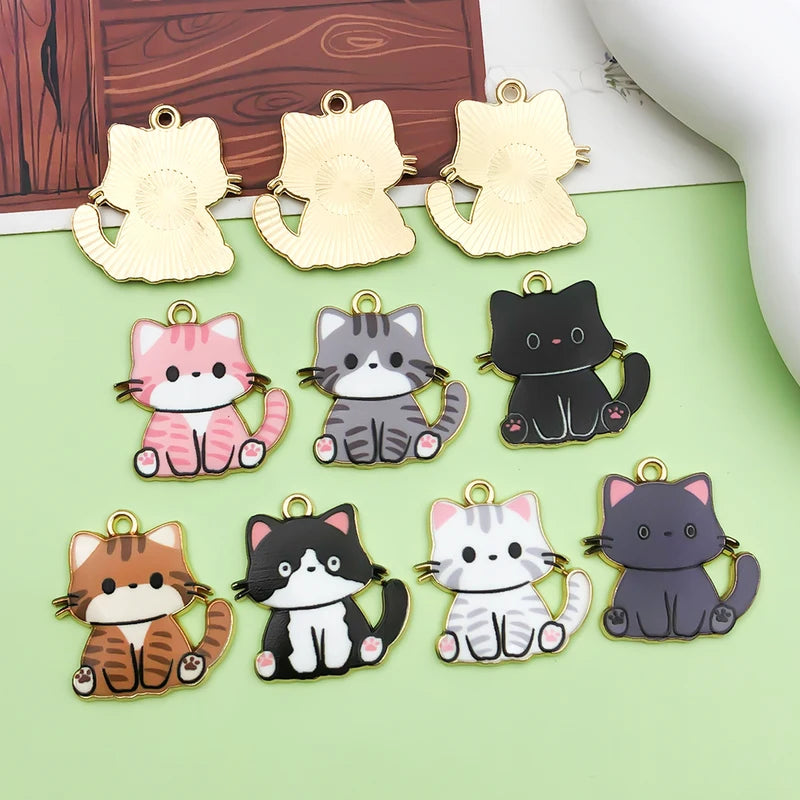 10pcs Enamel Cat Charm Set for Jewelry Making - Cartoon Animal Pendants
