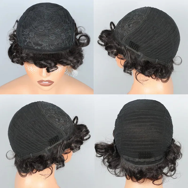 Short Pixie Curly Wig for Black Women - 8 Inch Human Hair Afro Bob with Bangs