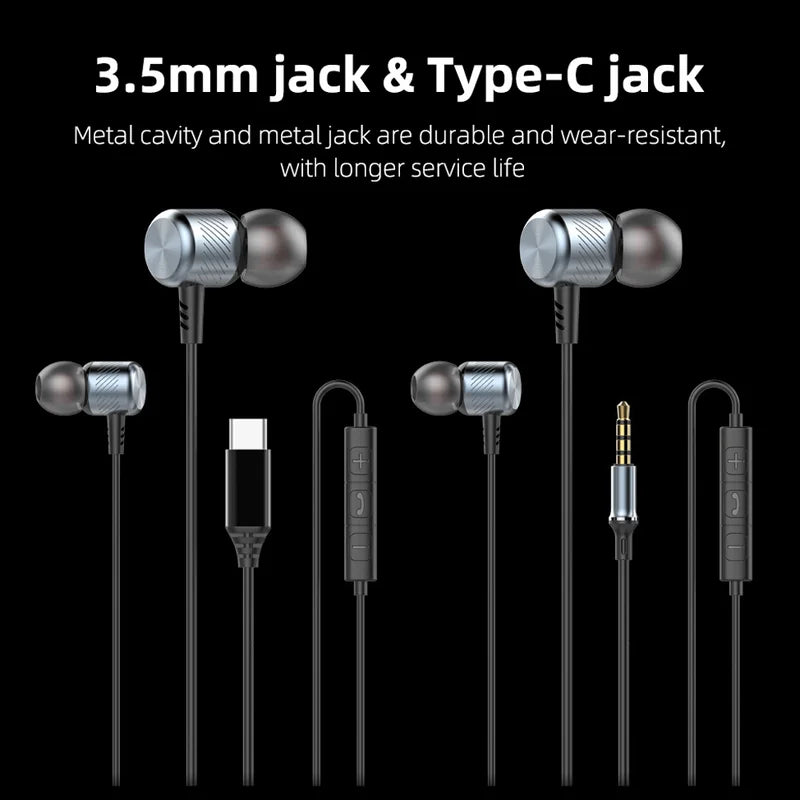 Deep Bass Wired Headphones with Microphone & Type-C/3.5mm Earbuds for Mobile & PC