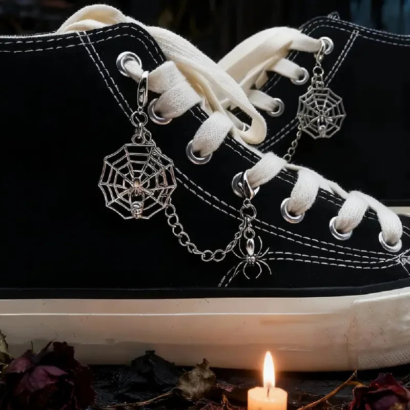 Gothic Halloween Shoe Chain with Spider Web & Spider Accent - Punk Dark Style Shoe Decoration