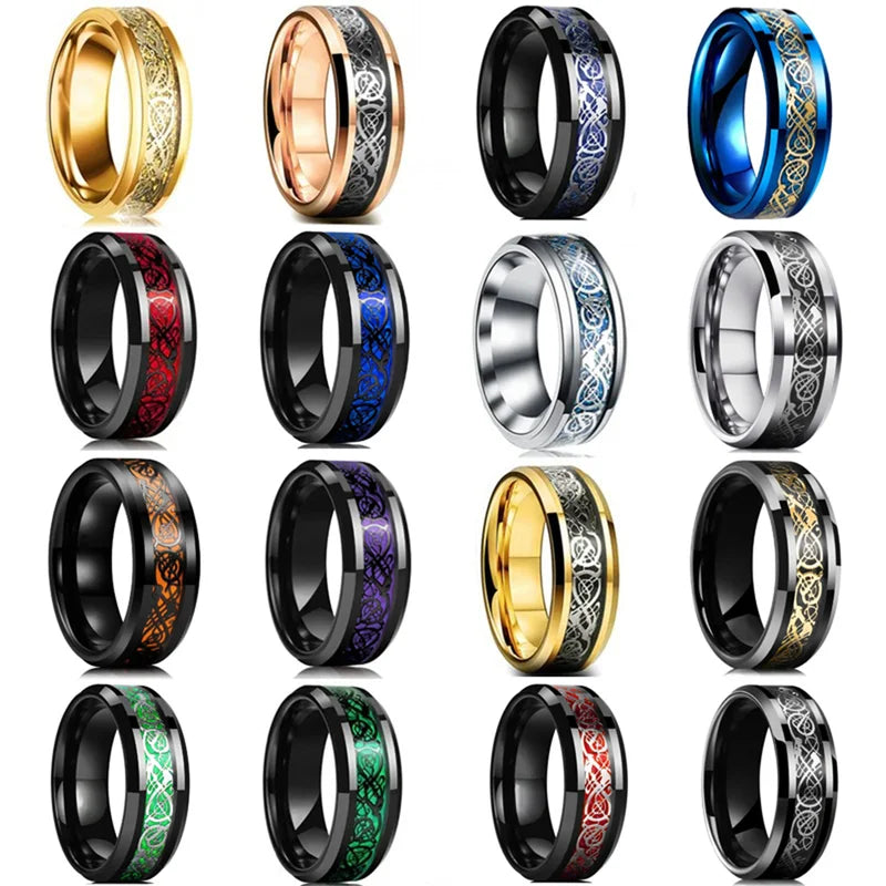 Men Women Celtic Dragon Rings Stainless Steel Inlay Carbon Fiber Jewelry