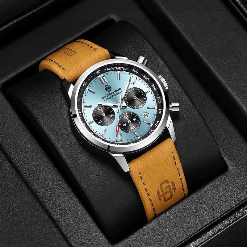 Luxury Men's Sport Watch with Sky Blue Dial Waterproof Chronograph Leather Strap