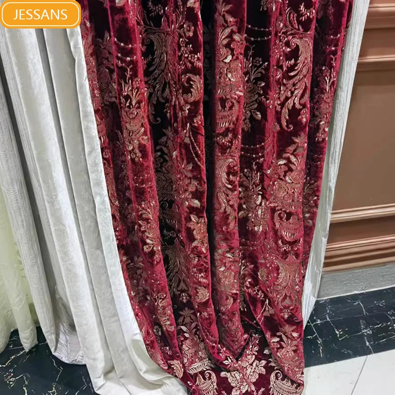 Wine Red Silk Velvet Embroidered Floral Curtains for Living Room & Bedroom