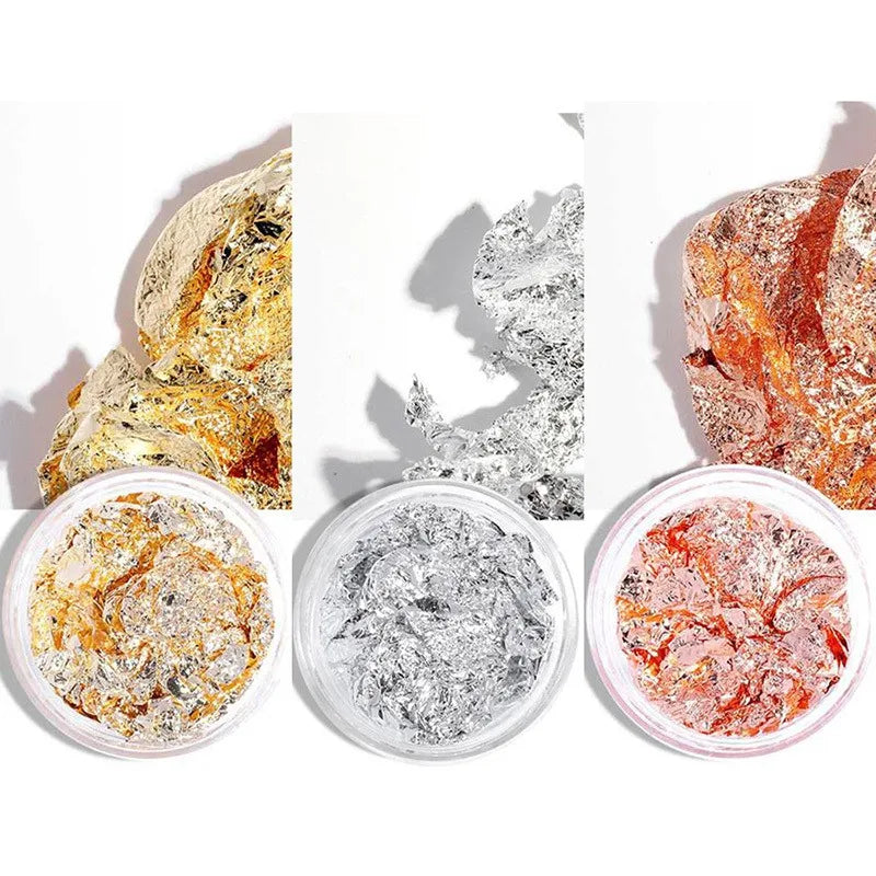 Professional Nail Art Foil and Glitter Sheets Set - Gold Silver Copper Flakes & Sequins Bulk Pack