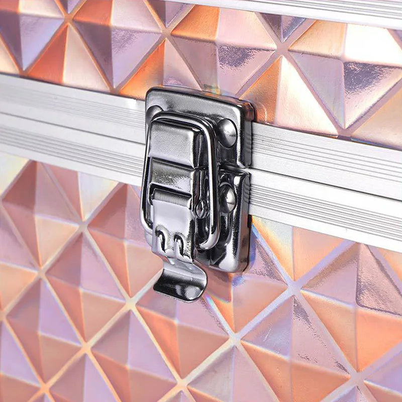 Diamond Patterned Makeup Train Case with Mirror - Double Layer Cosmetic Organizer for Sponges and Skincare