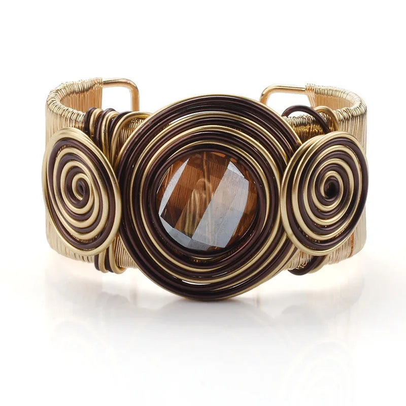 Heavy Metal Wire Winding Cuff Bangles for Women - Big Rhinestone Jewelry Gift