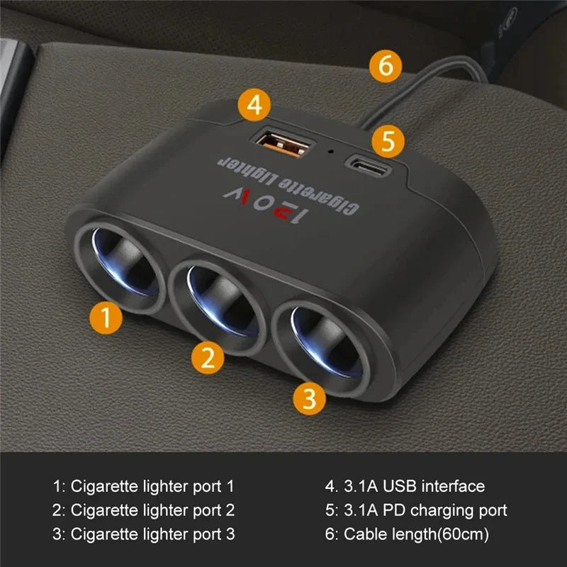 120W Car Cigarette Lighter Splitter with Dual USB Fast Charger 12V 24V