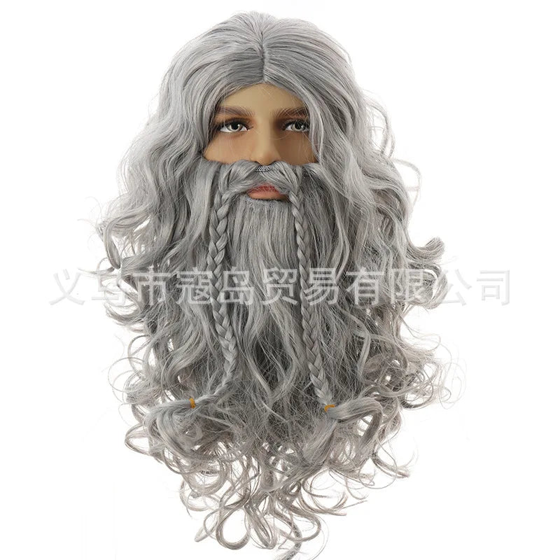 Halloween Men's Wizard Role Play Wig and Beard Set - Silver Grey Cosplay Hair Costume