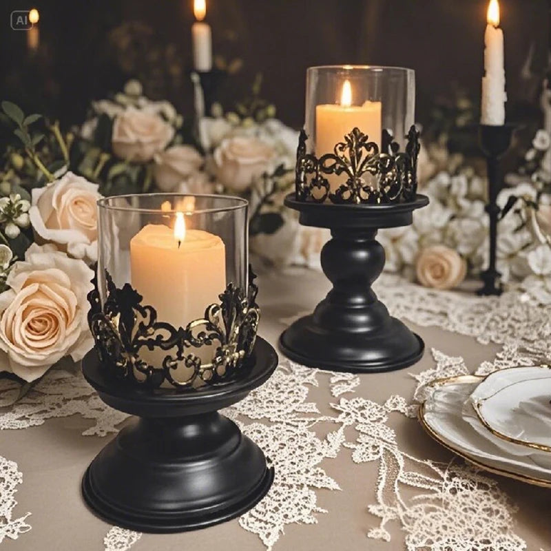 Set of 2 Black Iron Candle Holders for Christmas & Holiday Decor, Centerpieces