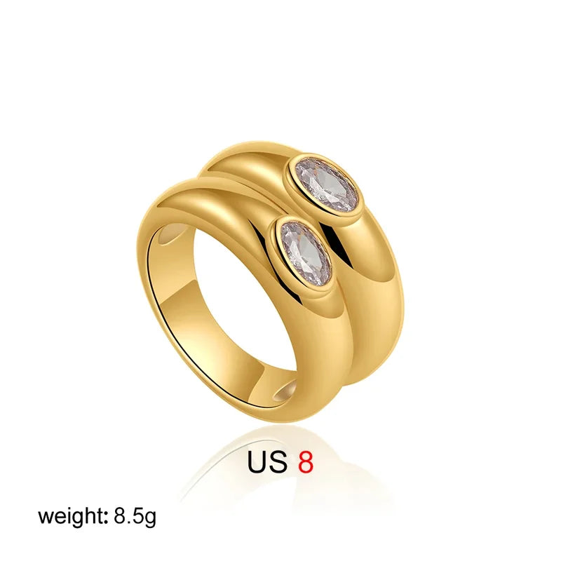 Women’s Fashion Oval Zircon Crystal Chunky Double-Layer Ring Stainless Steel Wedding Jewelry