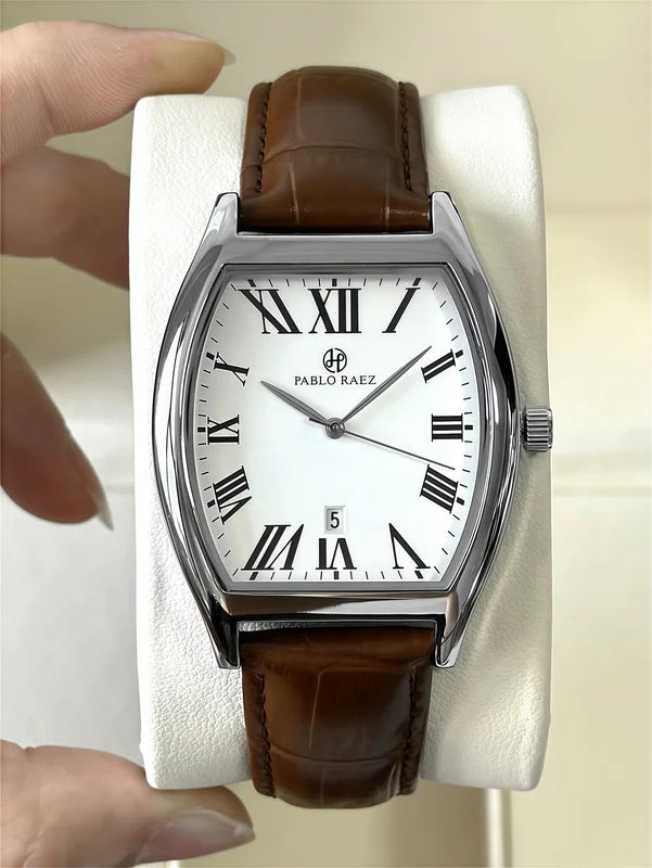 Luxury Quartz Watch for Men Waterproof Leather Wristwatch with Barrel Shape and Date Function