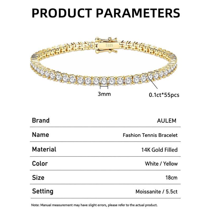 Moissanite Tennis Bracelet 14k Gold Filled Women Men Couples Sparkling Jewelry