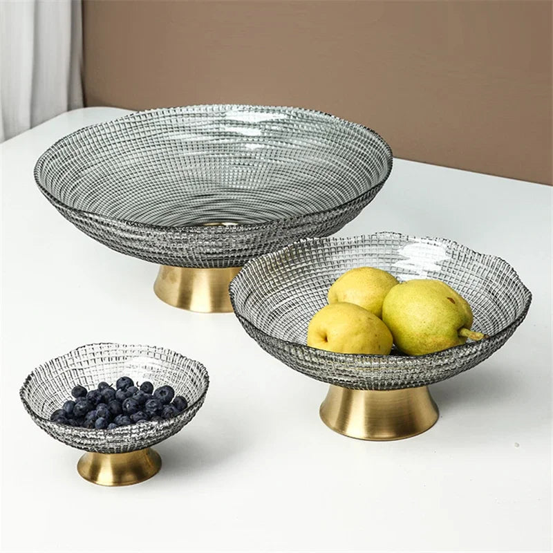 Glass Fruit Plate with Metal Storage Box for Living Room Snack Serving Tray