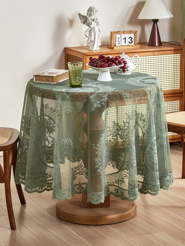 Green Round Mirror Flower Lace Tablecloth for Living & Dining Room Decor