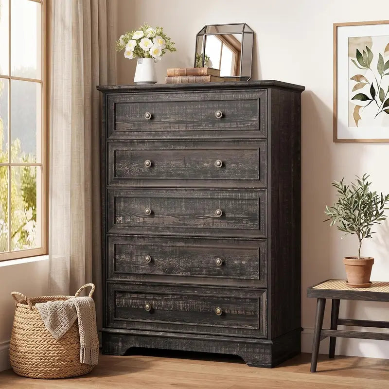 Farmhouse 5-Drawer Dresser Tall Cabinet for Bedroom Living Room Hallway Storage
