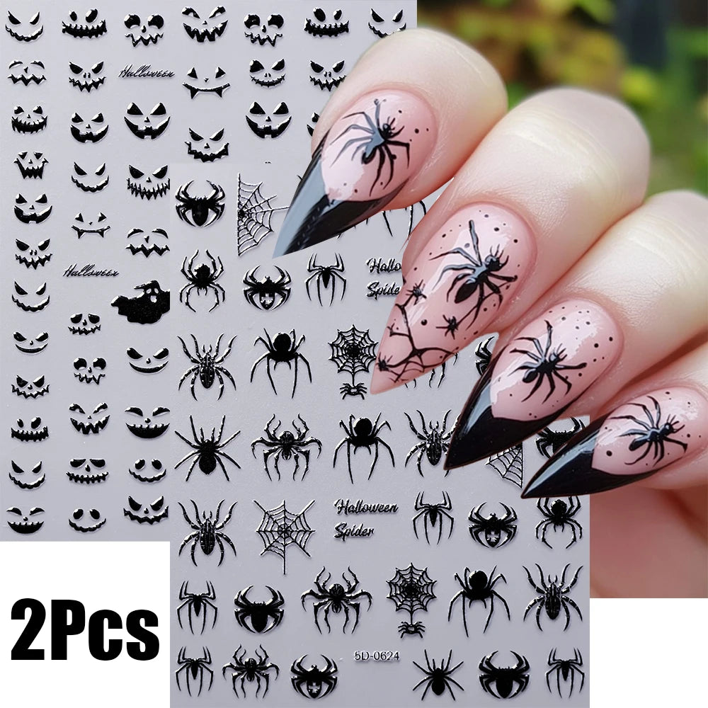 Halloween Black Pumpkin Bat Nail Art Stickers - 2 Sheets Spooky Nail Decals