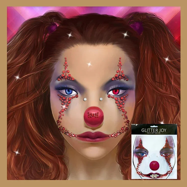 Halloween Clown Horror Face Stickers - 3D Crystal Temporary Tattoos for Cosplay & Party Decor