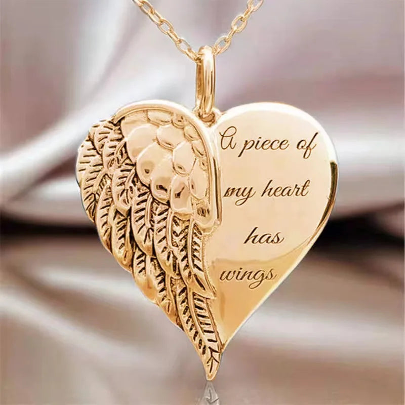 Angel Wings Pendant Necklace for Women - Engraved Heart Jewelry