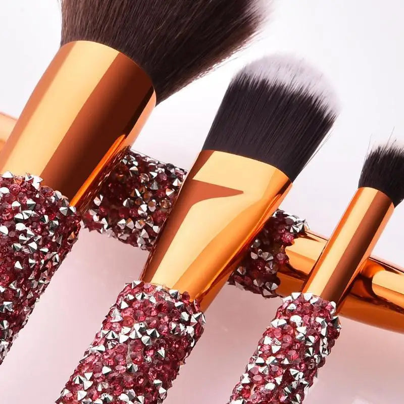 Diamond Studded Makeup Brush Set with Travel Bag - 10 Professional Cosmetic Tools