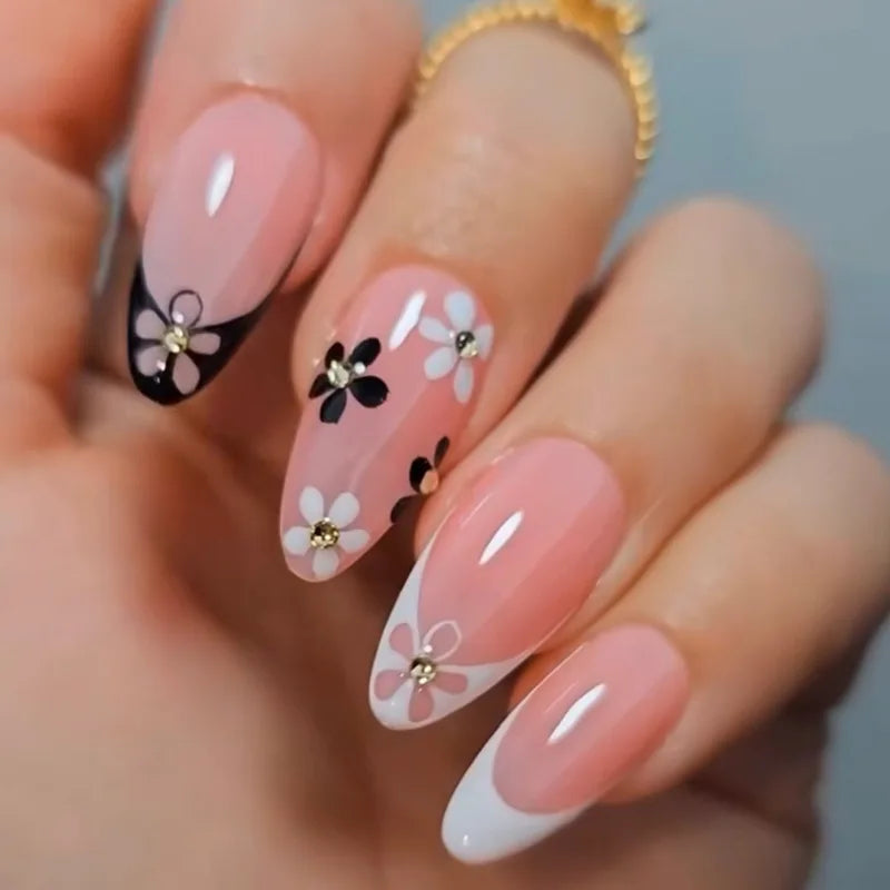 24Pcs Full Cover Nail Tips - French Almond False Nails for Manicure