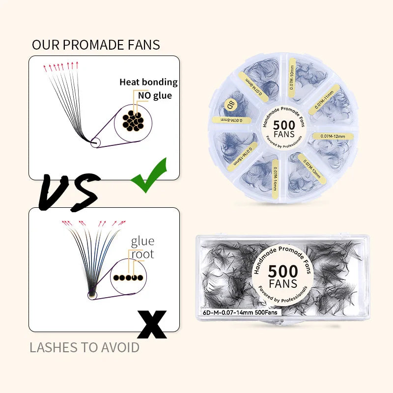 Premade Russian Volume Eyelash Fans - 3D to 8D L Curl, 500 Fans per Tray
