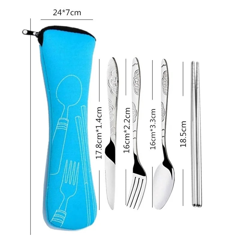 Portable Stainless Steel Cutlery Set for Camping - Fork, Spoon, Knife & Chopsticks with Bag