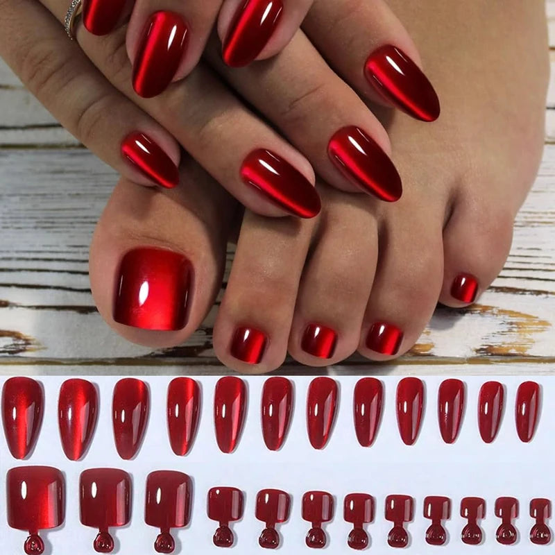 48Pcs Blood Red Crystal Cat Eye False Nails Set Short Square Toe Tips for Women