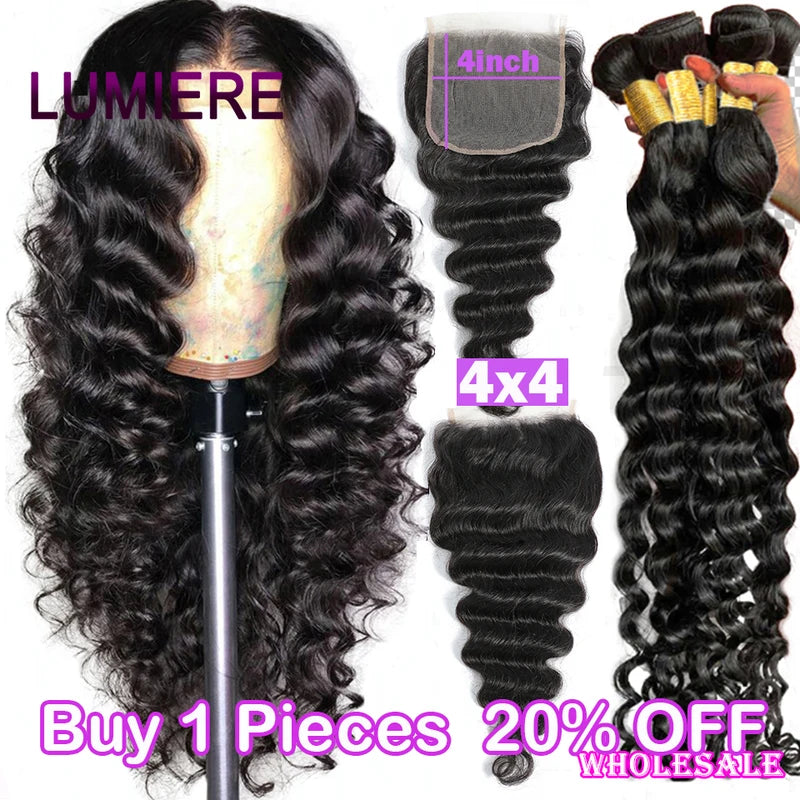 Deep Wave Human Hair Bundles with Closure - Wavy Curly Weave Extensions