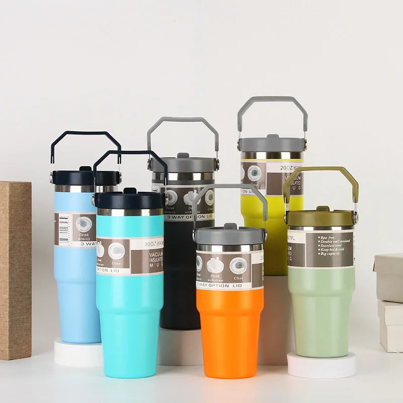 Insulated Stainless Steel Water Bottle with Straw - 600ml/890ml Thermal Mug