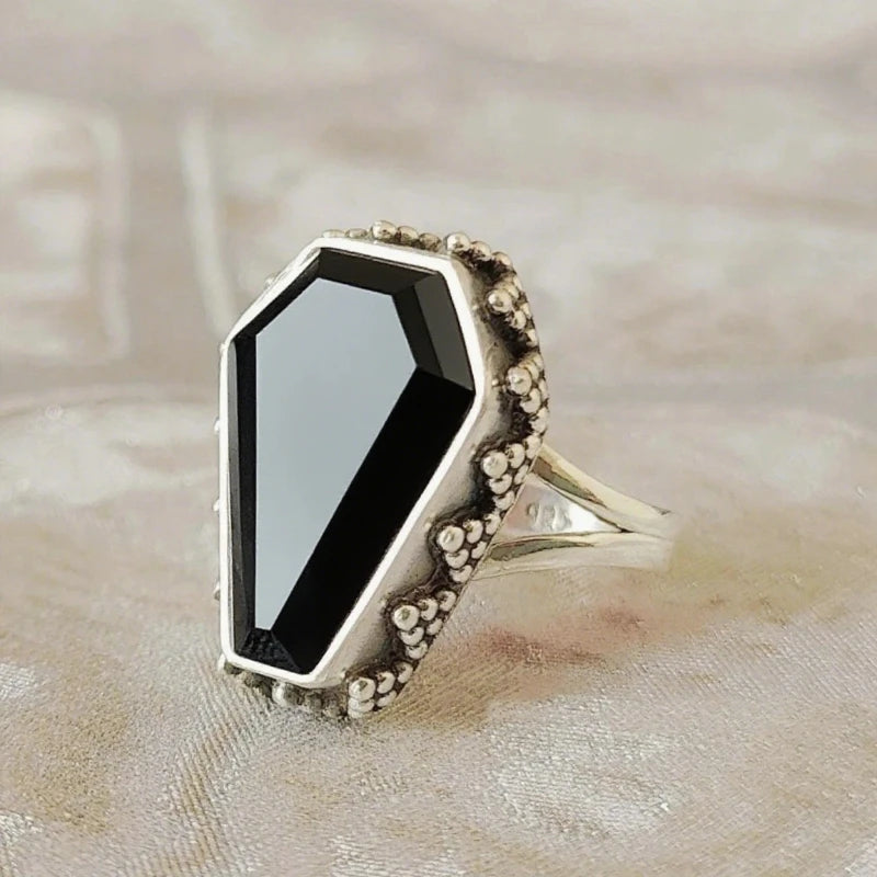 Retro Garnet Coffin Shape Silver Ring for Women Boho Gothic Halloween Jewelry