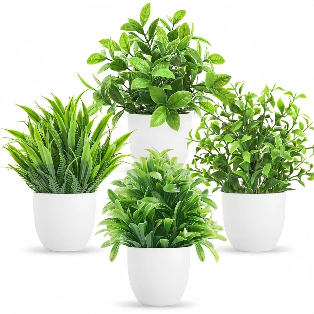 Mini Artificial Potted Plants Set - Indoor Outdoor Decorative Bonsai, Green 4-Pack