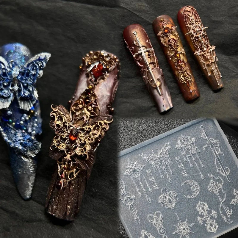 3D Baroque Pattern Gel Nail Art Mold Butterfly Moon Resin Sword Silicone Mold with Arrow Design