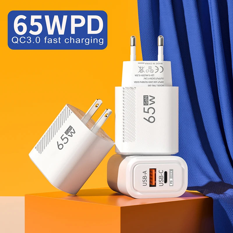 65W GaN Fast USB Type C Wall Charger PD 3.0 Quick Charge Phone Adapter US/EU Plug