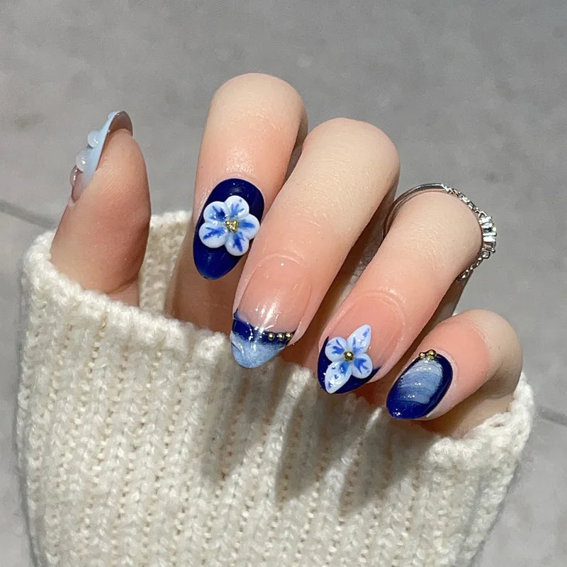 10pcs Short Almond Fake Nail Kit with Carved Flowers and Ribbon - Nude & Colorful Variants