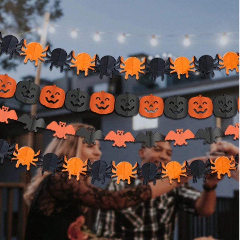 Halloween Paper Banner Garland with Spiders Pumpkins Ghosts Bats - Party Decorations