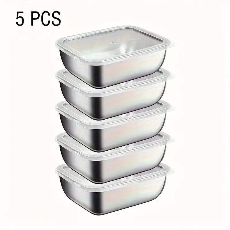 Set of 5 Stainless Steel Food Storage Containers - Stackable Meal Prep Boxes for Kitchen, Fridge & Travel