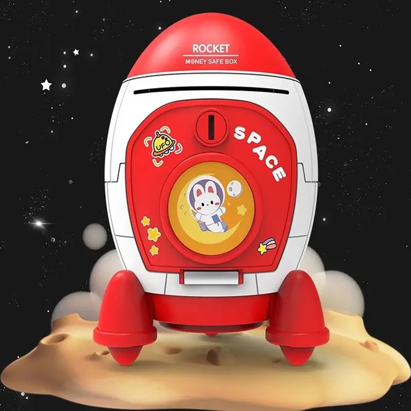 Children's Space Rocket Piggy Bank with Sticker Accessories - Multi-Color Plastic Coin Bank for Kids