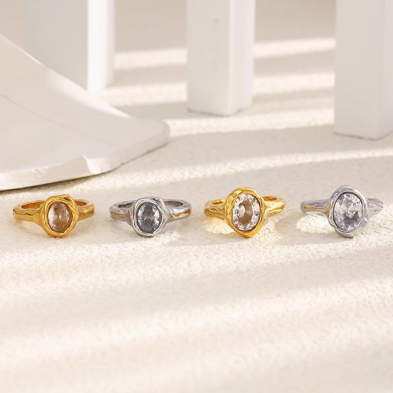 Luxury Zircon Women's Ring - Irregular Stainless Steel, Gold Plated Jewelry