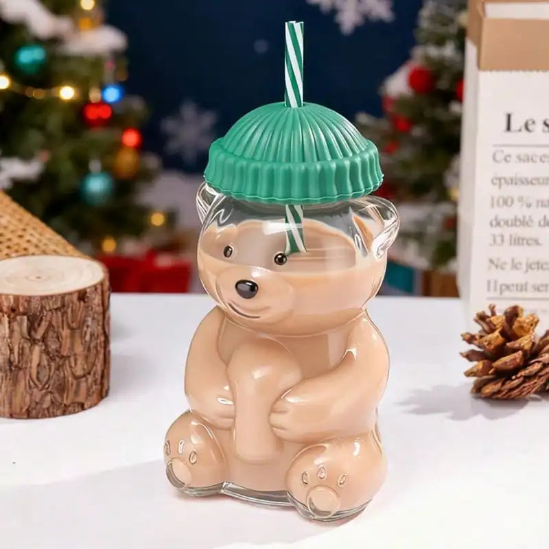Cute Bear Plastic Drink Cup with Lid and Straw for Cold Beverages