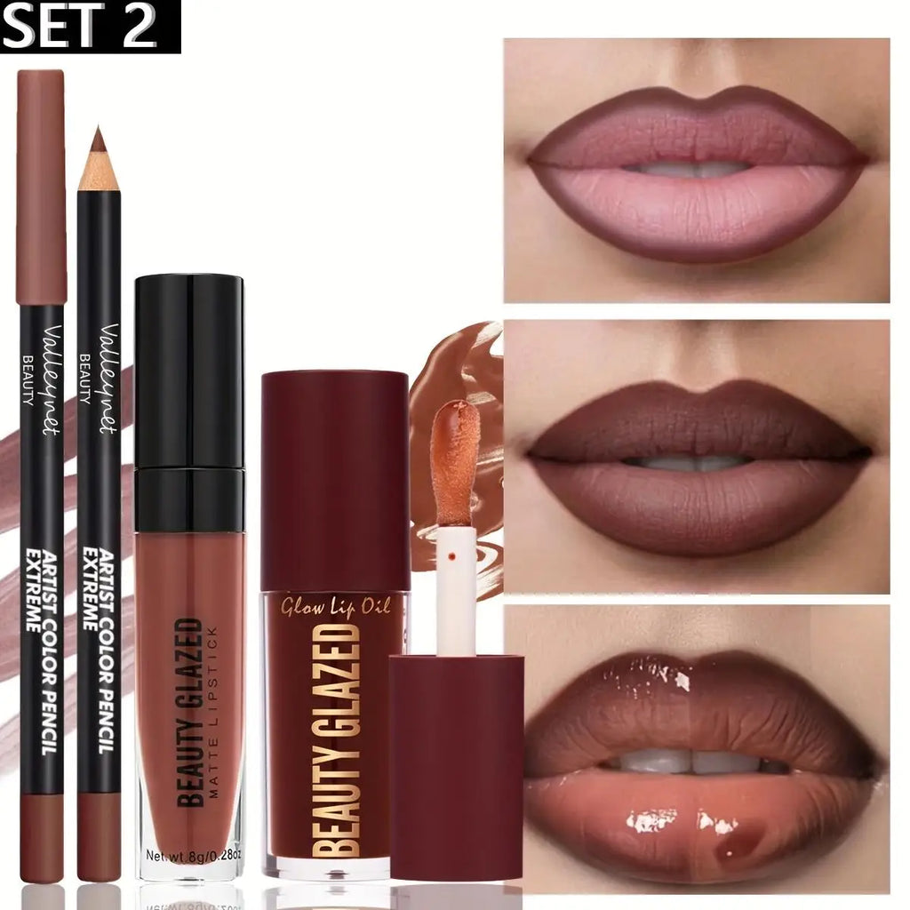 3Pcs Lip Makeup Set with Lip Liner, Lip Gloss & Lip Oil - Long-Lasting Waterproof