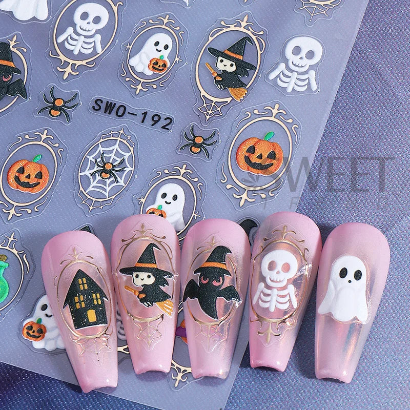 Halloween Nail Stickers Cartoon Ghost Pumpkin Skeleton Bat Decals DIY Manicure Decorations