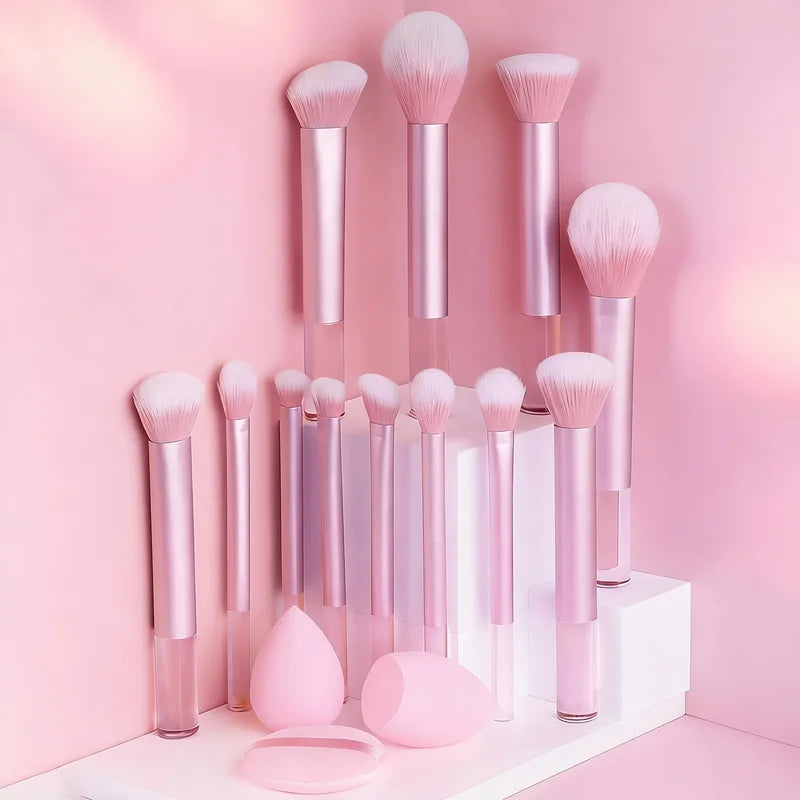 15-Piece Makeup Brush and Puff Set with Soft Sponges - Portable Cosmetic Tools
