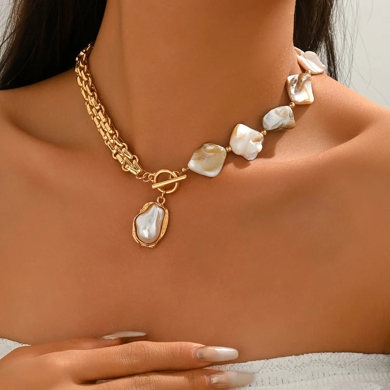Boho Pearl Choker Necklace with Asymmetric Cuban Link Chain - Summer Beach Jewelry