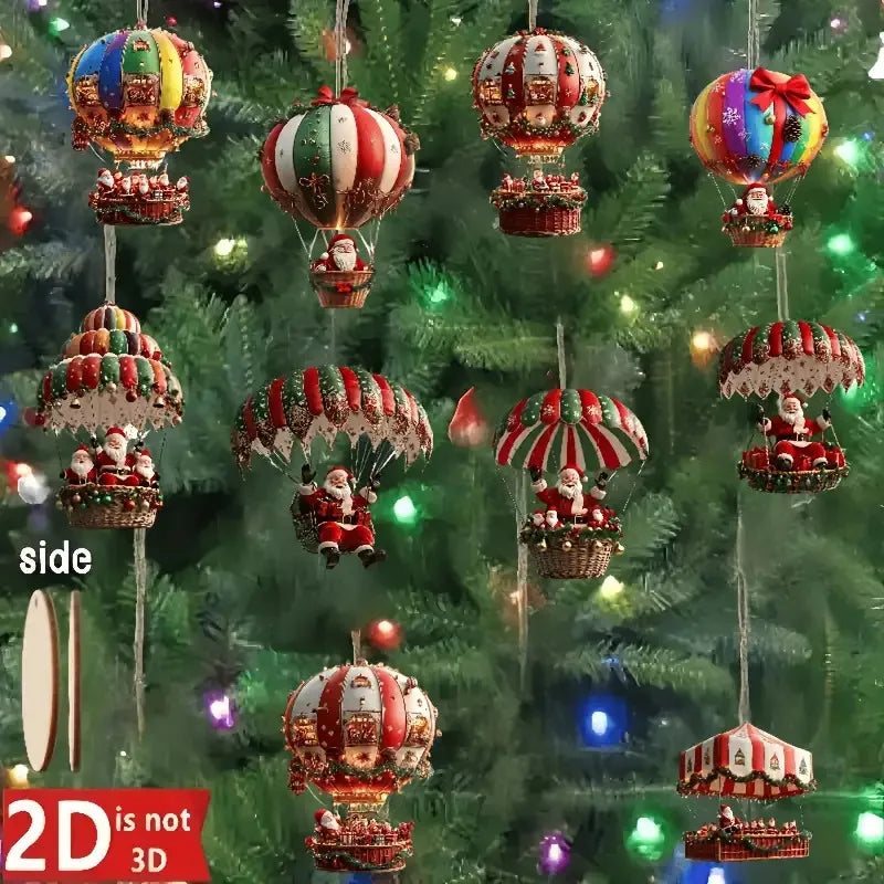 Set of 10 Santa Claus Parachute Wooden Hanging Ornaments Holiday Decorations