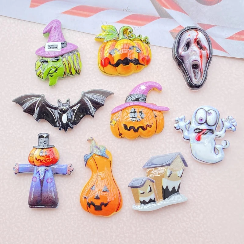 Colorful Halloween Pumpkin Ghost Bat Resin Scrapbook DIY Jewelry Hairpin Decor Set - 10 Pieces