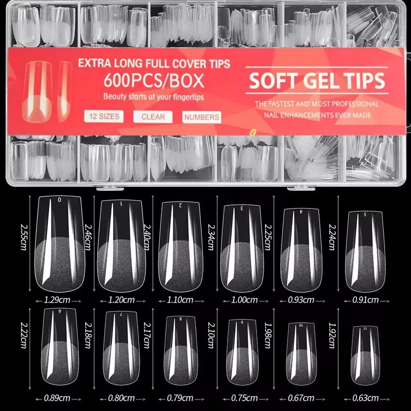 600 Full-Cover Semi-Matte French Square Fake Nail Tips with Self-Adhesive Bond | Crystal Nail Extensions