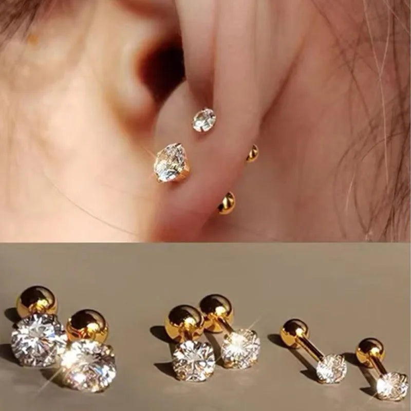 3 Pairs Zirconia Stud Earrings for Women - Classic Round Jewelry, Stainless Steel