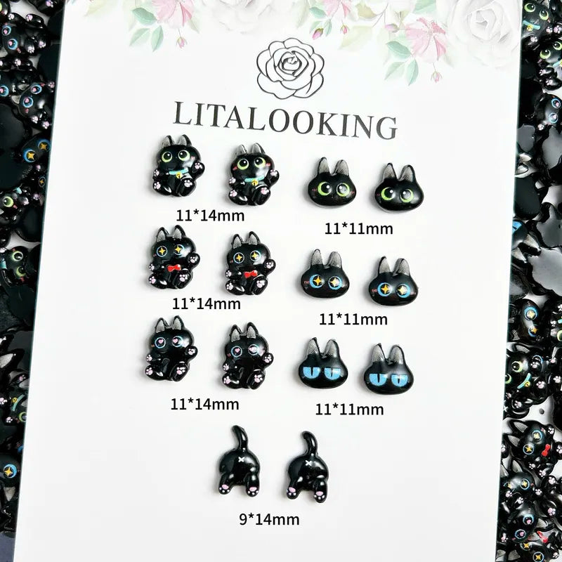 30PCS Kawaii Black Cat Resin Nail Charms Luminous Nail Art Decorations