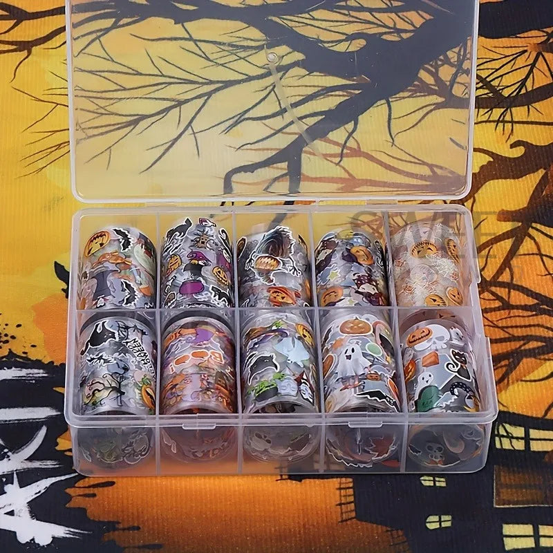 Halloween Nail Transfer Foils Set - Black Cat Bat Pumpkins Witches Starry Sky 10 Rolls