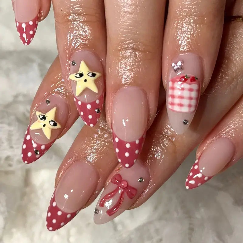24PCS Pink Press On Nails with Polka Dot Pattern Almond Full Cover Fake Nail Set